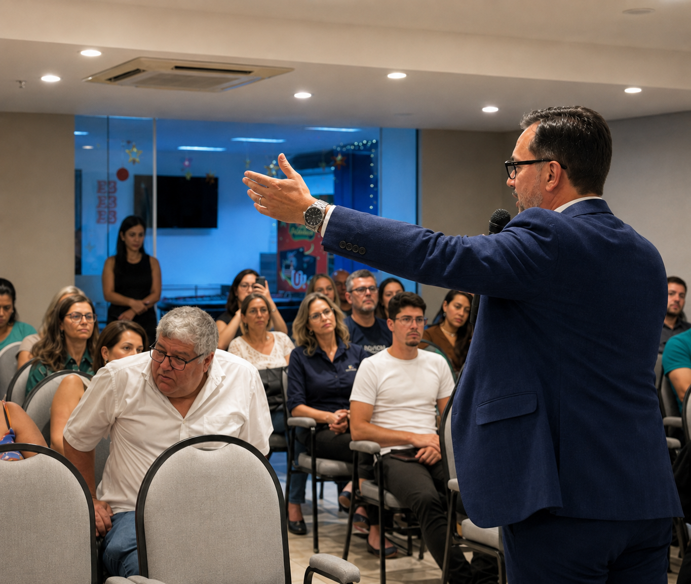 Renato Ritton palestrando para uma plateia de empresários.