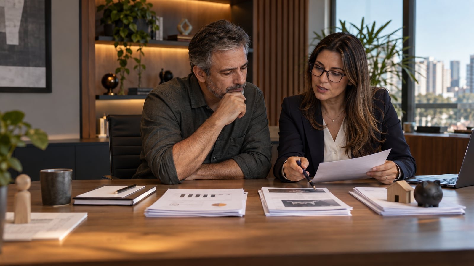 Empresário orienta uma nova profissional em um ambiente de trabalho claro e organizado.